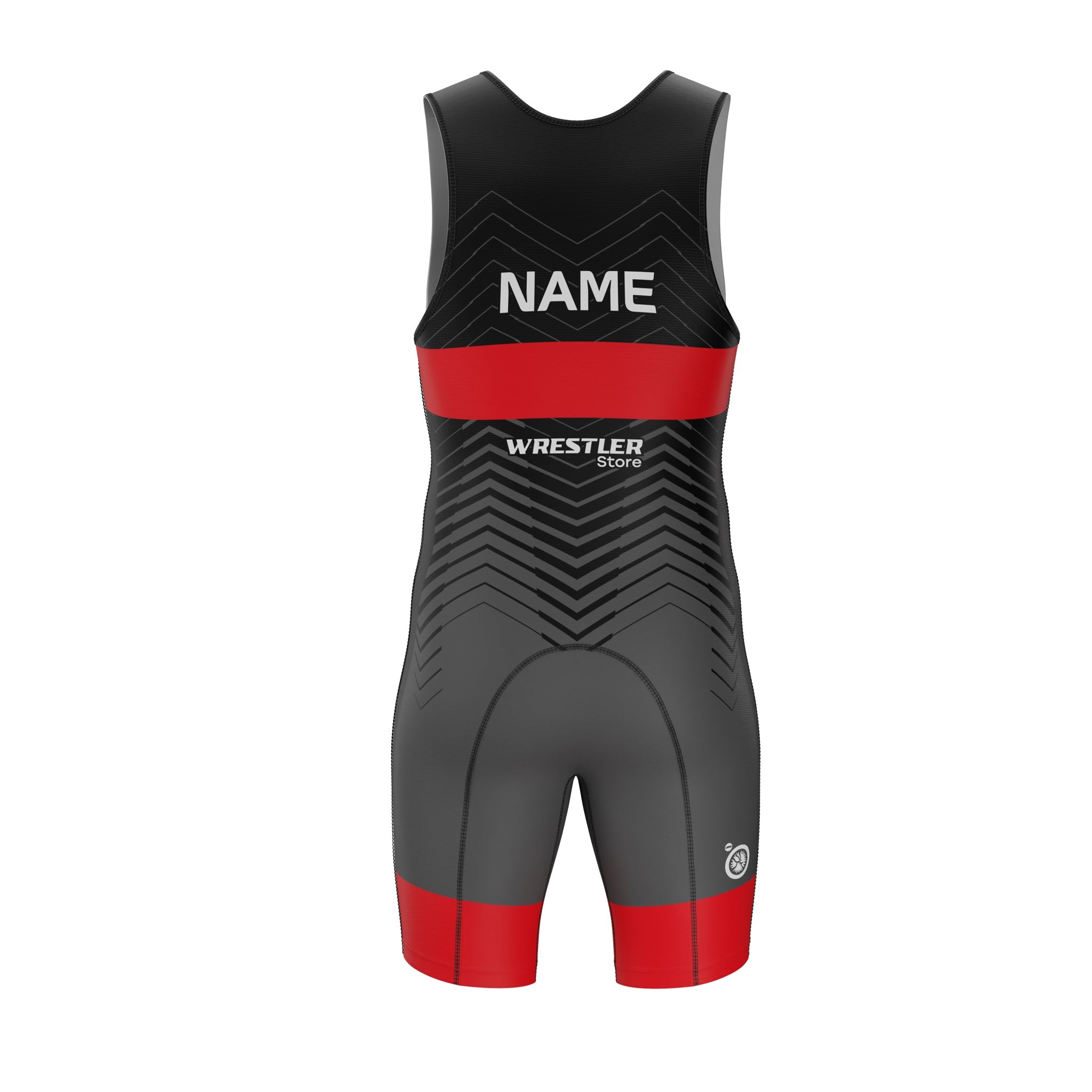 Ringertrikot Phantom Schwarz-Rot – Rückansicht mit Namensfeld und WrestlerStore Branding