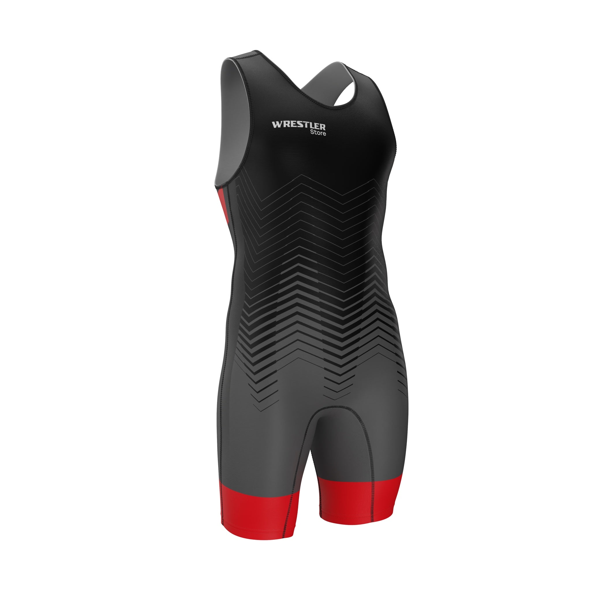 Ringertrikot Phantom in Schwarz-Rot – Vorderansicht, modernes Design mit Pfeilmuster von WrestlerStore.
