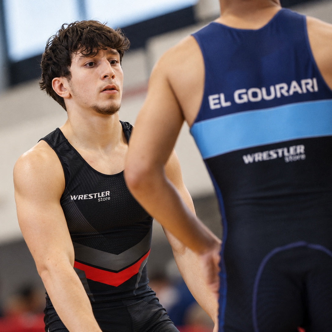 Zwei Ringer in schwarz-rotem und blau-schwarzem WrestlerStore-Trikot stehen sich in Kampfhaltung gegenüber.