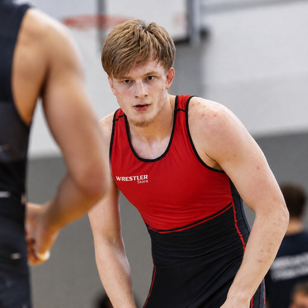 Konzentrierter Ringer im rot-schwarzen WrestlerStore-Trikot in Kampfstellung gegenüber seinem Gegner.