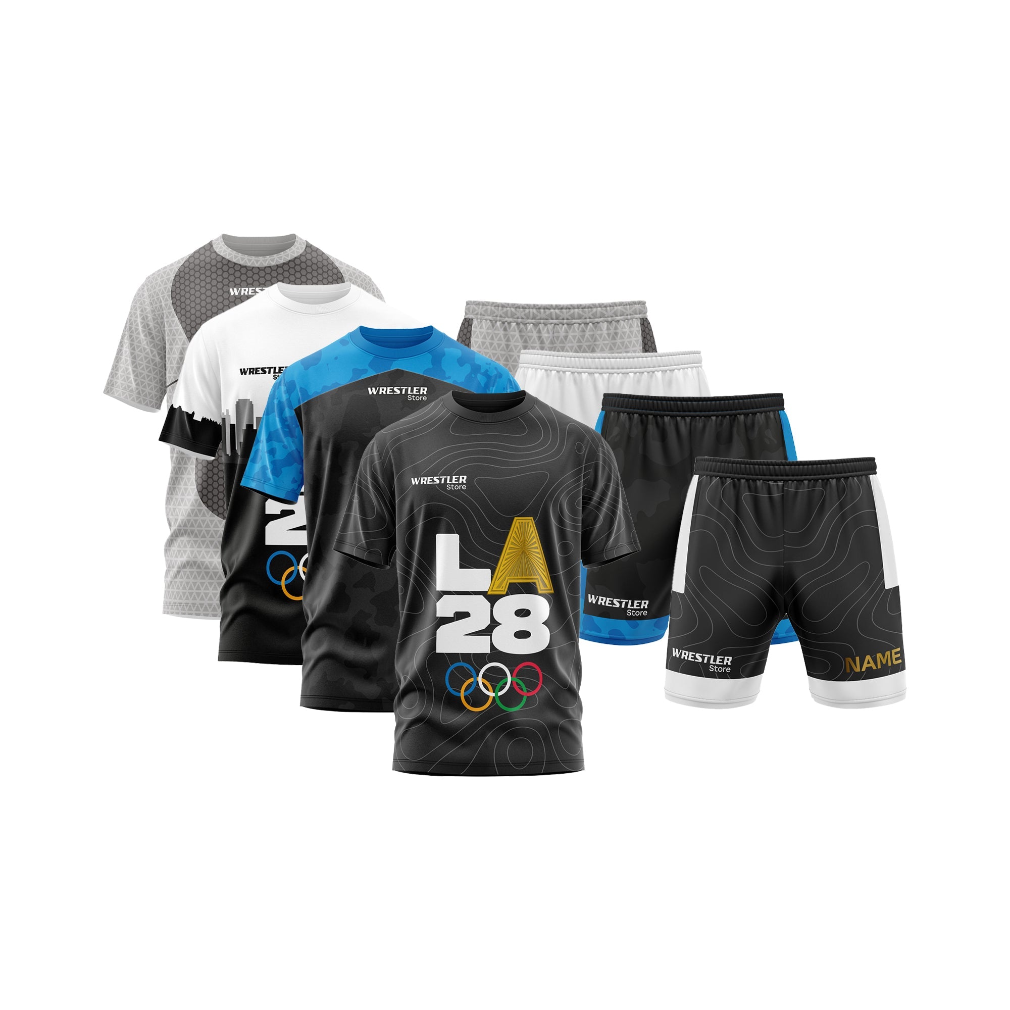 WrestlerStore Trainingssets mit T-Shirt & Shorts – ideal für Ringen, Warm-up und Coaching. Stylische Designs wie LA 2028, Hive, Camo & mehr