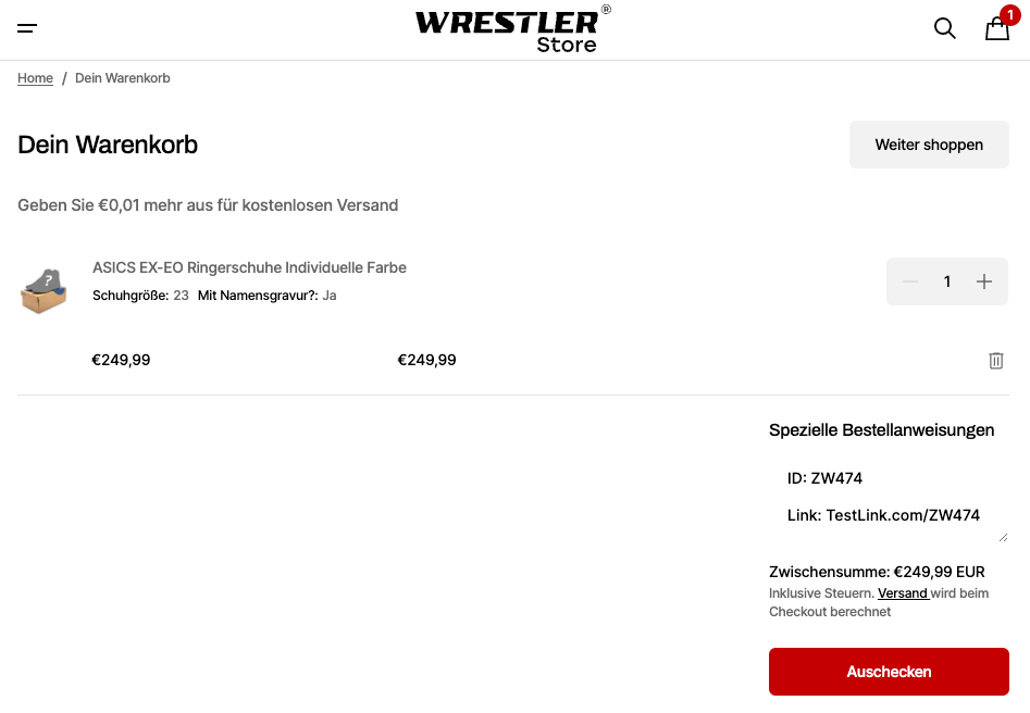 Screenshot von dem Einkaufswagen von WrestlerStore