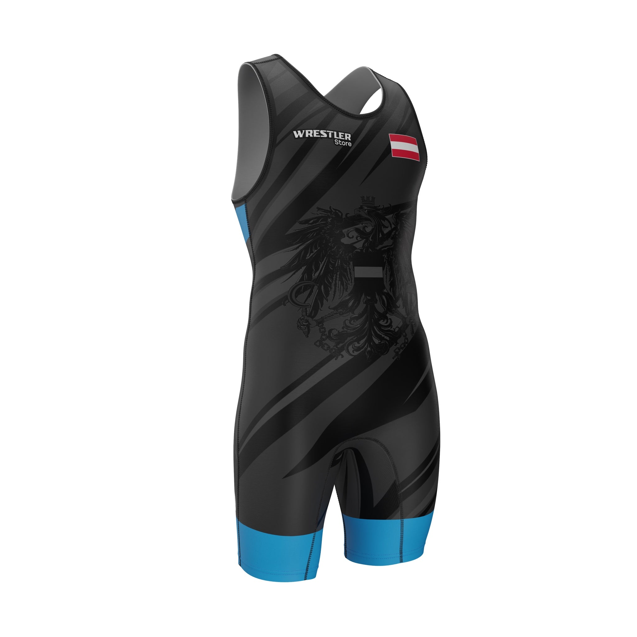 WrestlerStore Ringertrikot Austria in Schwarz-Blau mit österreichischem Adler und Flagge auf der Brust.