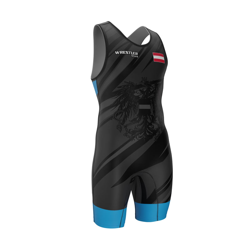 WrestlerStore Ringertrikot Austria in Schwarz-Blau mit österreichischem Adler und Flagge auf der Brust.