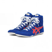 ASICS EX-EO Ringerschuhe blau-rot – Paar in Dreiviertel-Frontansicht, Studioaufnahme auf weißem Hintergrund