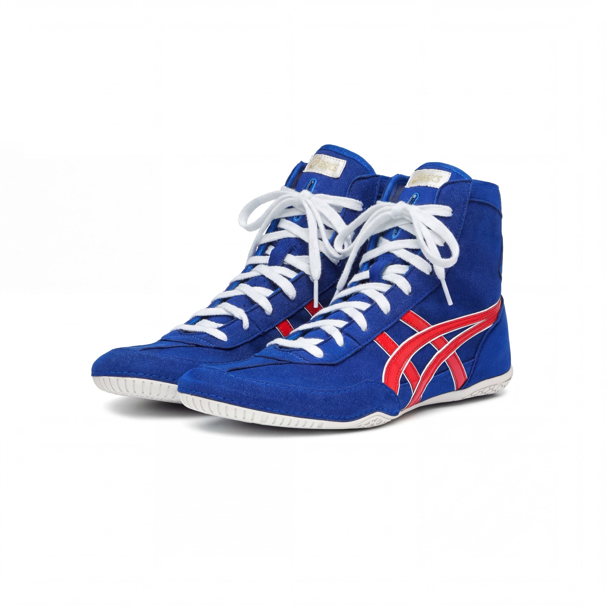 ASICS EX-EO Ringerschuhe blau-rot – Paar in Dreiviertel-Frontansicht, Studioaufnahme auf weißem Hintergrund