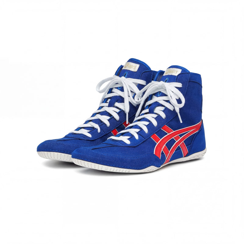 ASICS EX-EO Ringerschuhe blau-rot – Paar in Dreiviertel-Frontansicht, Studioaufnahme auf weißem Hintergrund