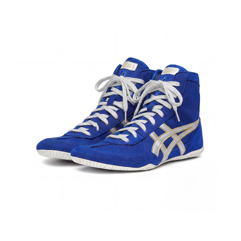 ASICS EX-EO Ringerschuhe blau-silber-gold – Paar in Dreiviertel-Frontansicht, Studioaufnahme auf weißem Hintergrund