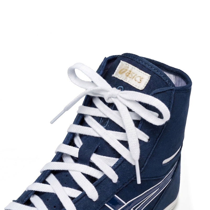 ASICS EX-EO Ringerschuhe Dunkelblau-Weiss – Detail Schnürung und Zunge | WrestlerStore