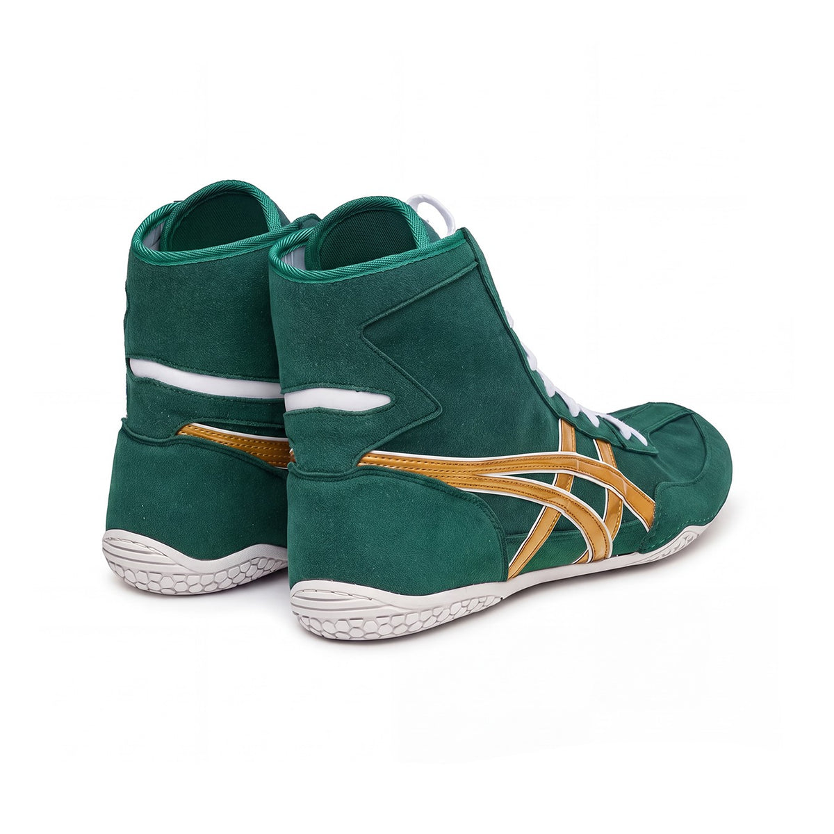 ASICS EX-EO Ringerschuhe grün-gold – Rückansicht von hinten auf weißem Hintergrund