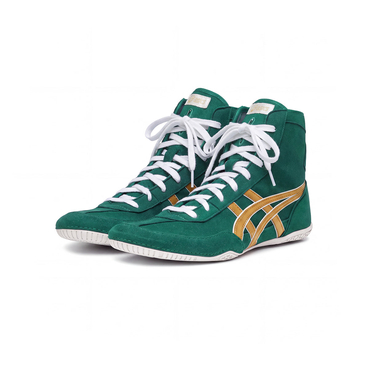 ASICS EX-EO Ringerschuhe grün-gold – zwei Schuhe in schräger Frontansicht auf weißem Hintergrund