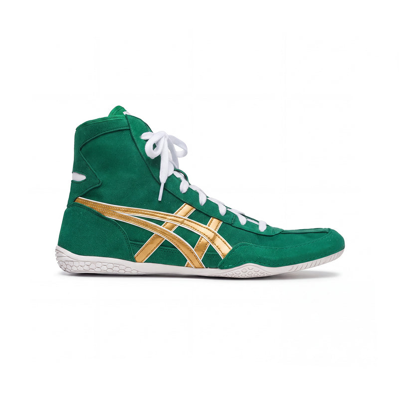 ASICS EX-EO Ringerschuh grün-gold – Seitenansicht außen mit goldenen ASICS-Streifen auf weißem Hintergrund