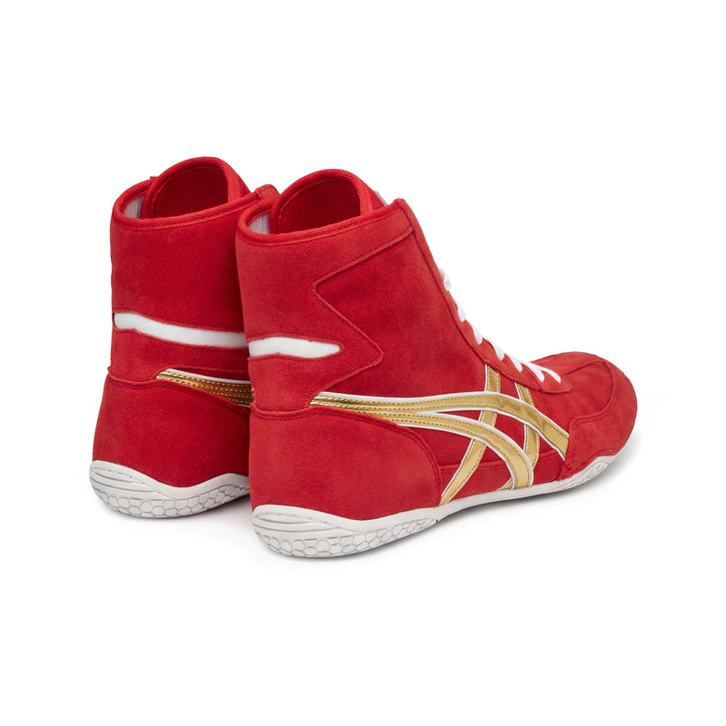 ASICS EX-EO Ringerschuhe Rot/Gold – schräg von hinten mit Fokus auf Ferse und Knöchelbereich vor weißem Hintergrund.