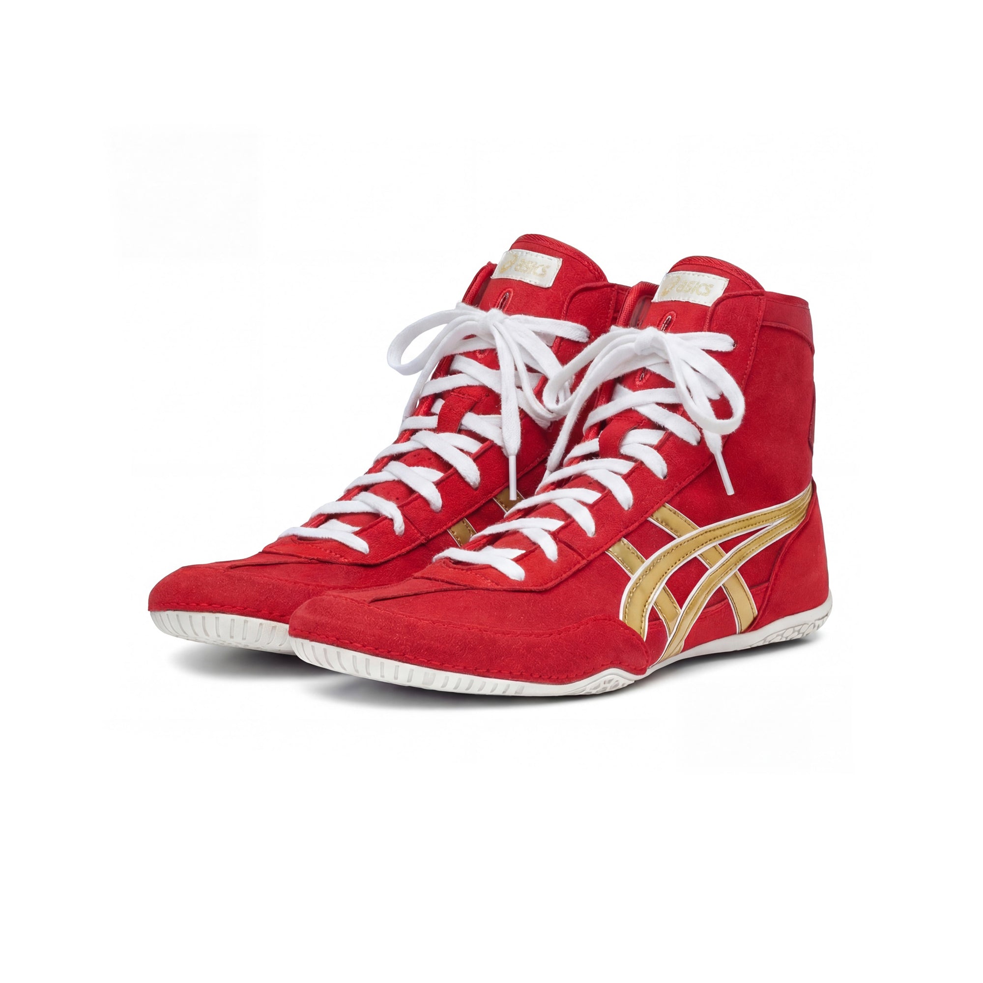 ASICS EX-EO Ringerschuhe in Rot und Gold mit weißen Schnürsenkeln – Paar in schräger Frontansicht vor weißem Hintergrund.
