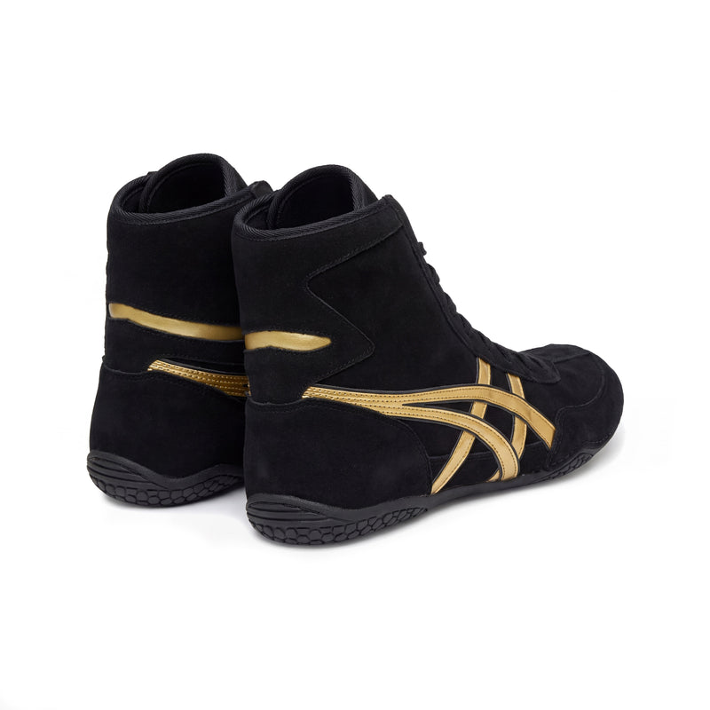 ASICS EX-EO Ringerschuhe schwarz-gold – Rückansicht/Ansicht von hinten auf weißem Hintergrund