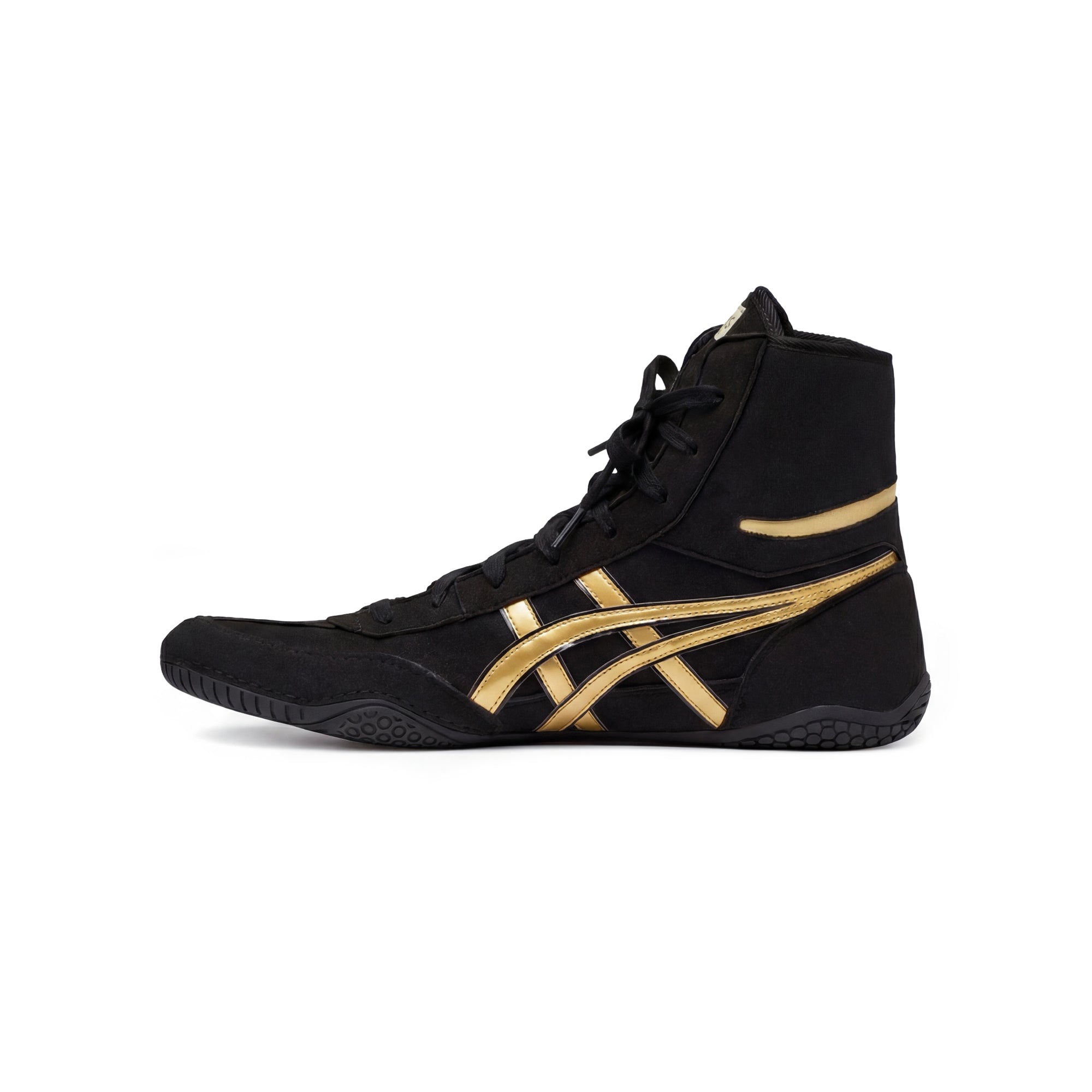 ASICS EX-EO Ringerschuh schwarz-gold – Seitenansicht innen (Innenseite) auf weißem Hintergrund