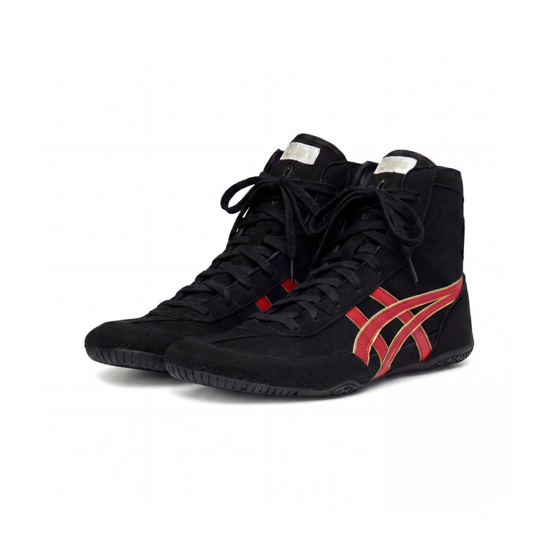 ASICS EX-EO Ringerschuhe schwarz/rot/gold – Paar in schräger Frontansicht auf weißem Hintergrund