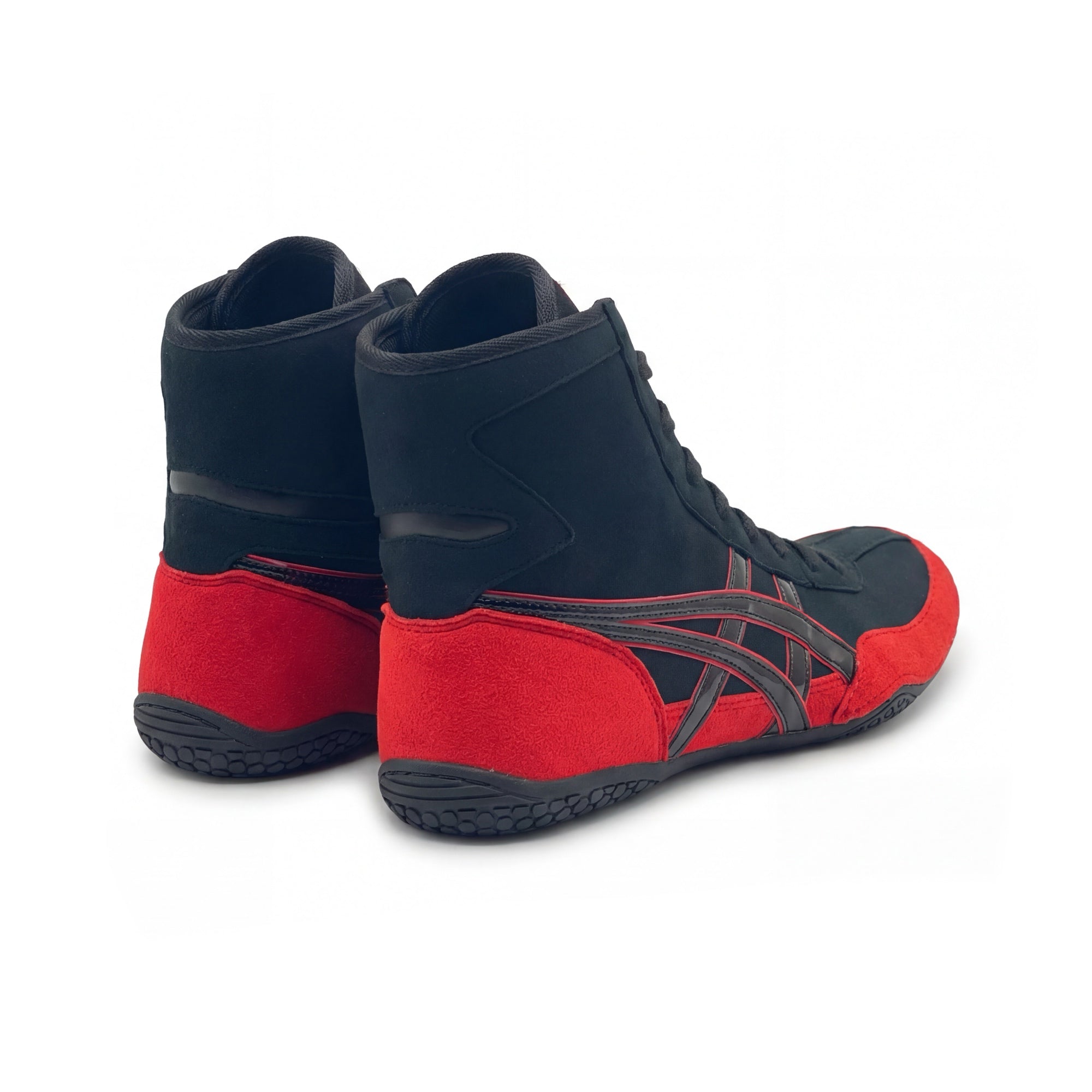 ASICS EX-EO Ringerschuhe schwarz-rot-rot – Rückansicht/Ansicht von hinten auf weißem Hintergrund