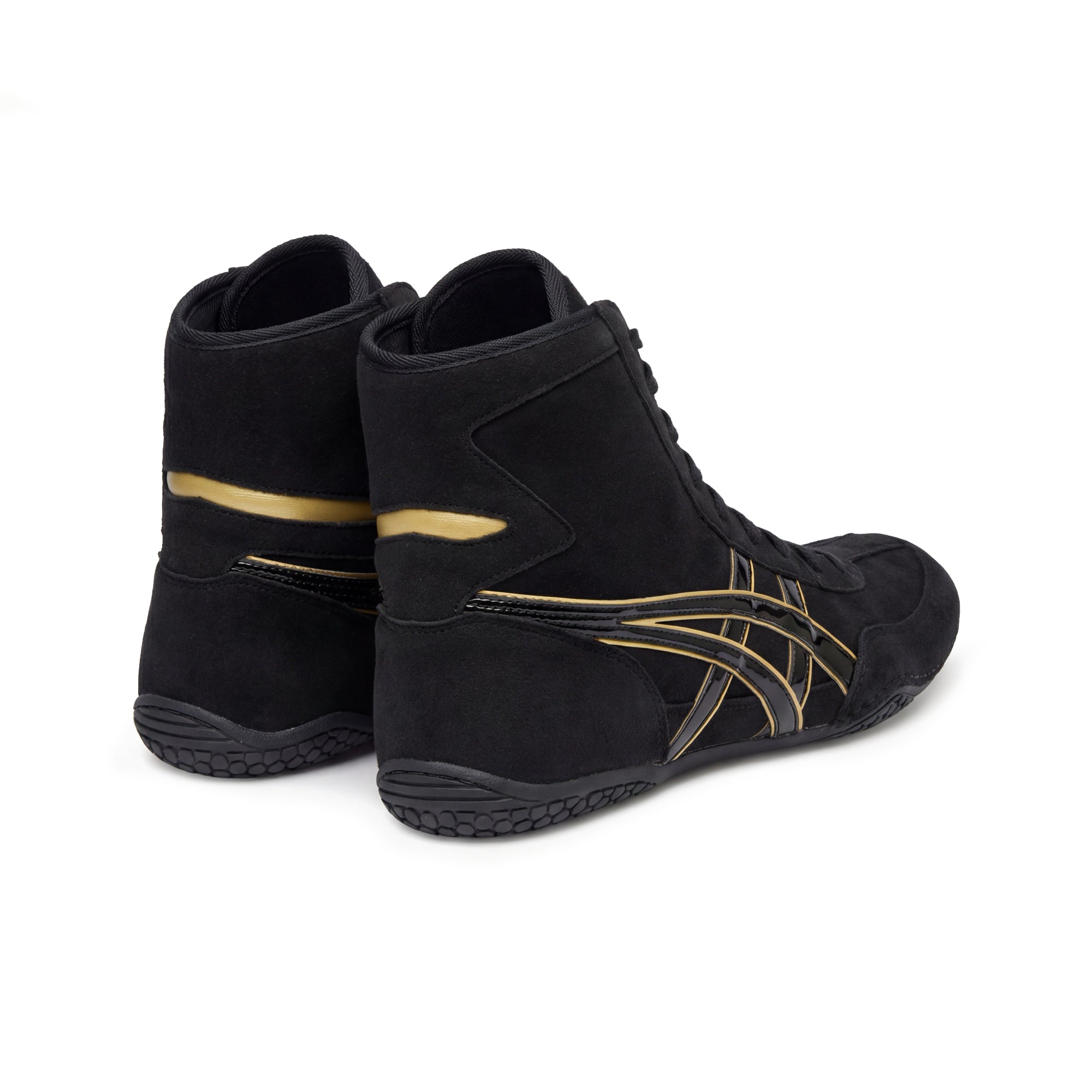 ASICS EX-EO Ringerschuhe schwarz-schwarz-gold – Rückansicht/Ansicht von hinten auf weißem Hintergrund