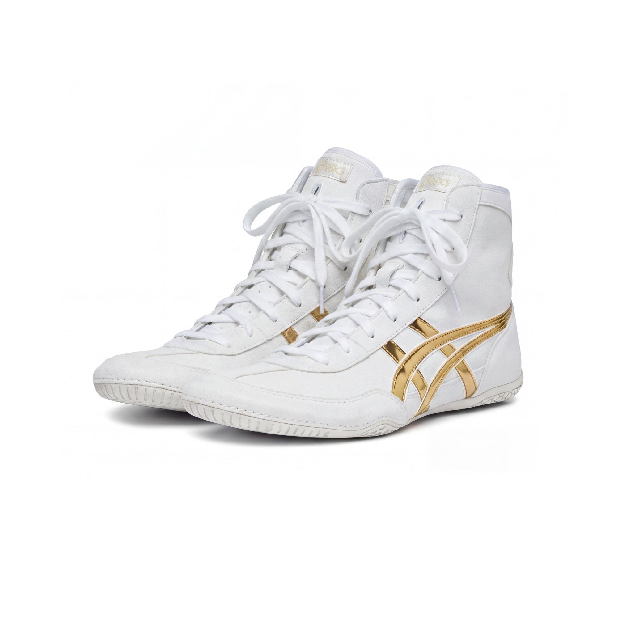 ASICS EX-EO Ringerschuhe in Weiß und Gold mit weißen Schnürsenkeln – Paar in schräger Frontansicht vor weißem Hintergrund.