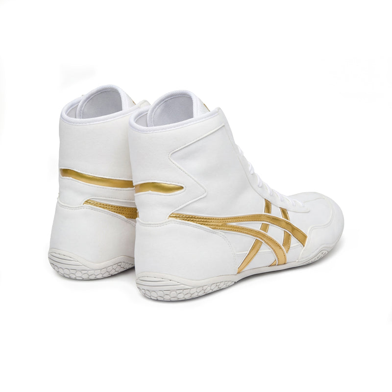 ASICS EX-EO Ringerschuhe weiß-gold – Rueckansicht schraeg hinten (Ferse und Knochelbereich), Studioaufnahme auf weißem Hintergrund