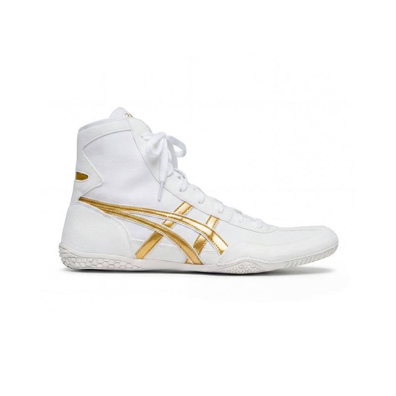 ASICS EX-EO Ringerschuh weiß-gold – Seitenansicht außen, Studioaufnahme auf weißem Hintergrund