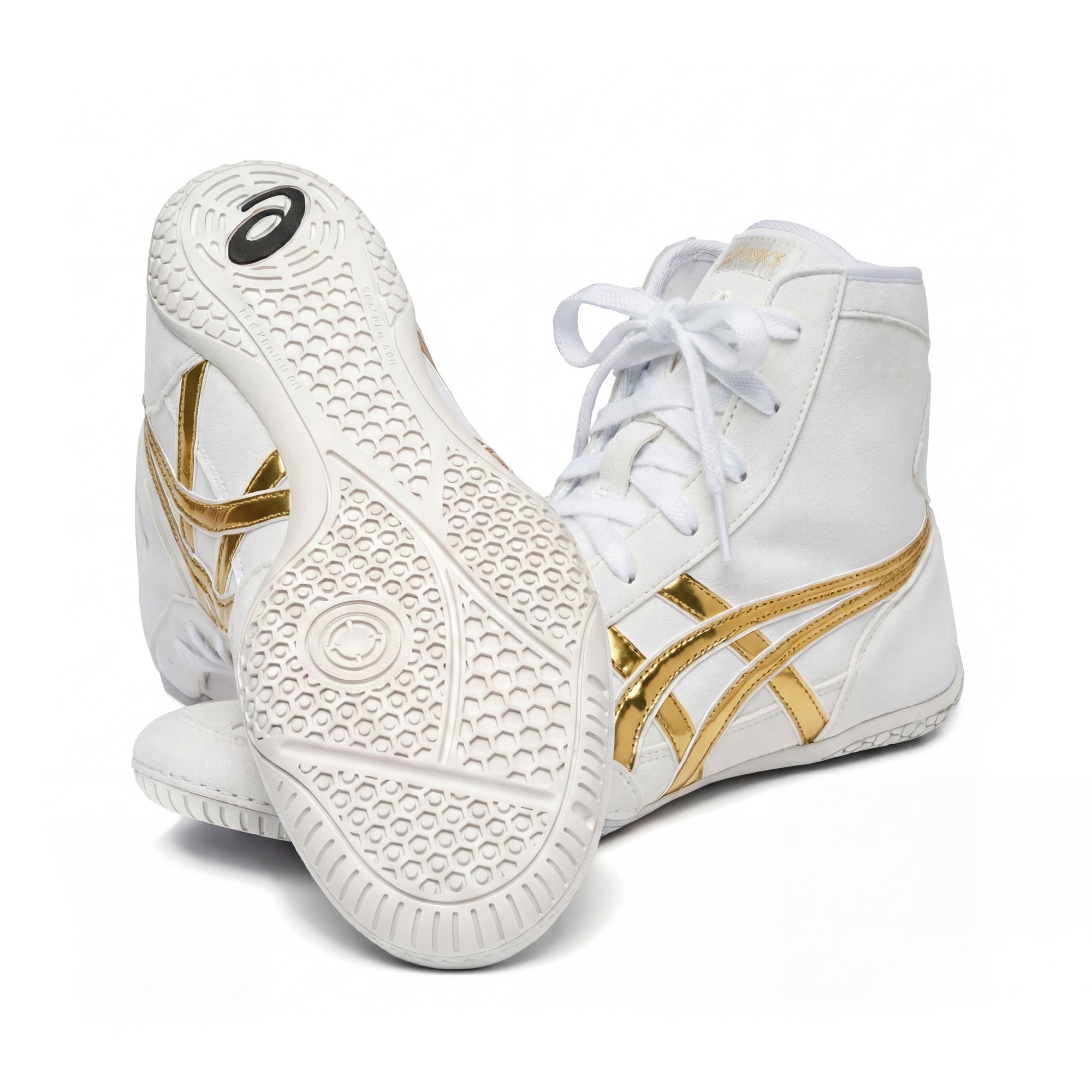 ASICS EX-EO Ringerschuhe weiß-gold – Sohle mit Gripprofil in Nahansicht, Studioaufnahme auf weißem Hintergrund