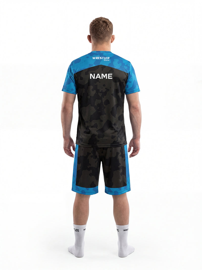 WrestlerStore Camo T‑Shirt & Shorts Set blau/schwarz – Rückansicht mit Namensfeld, camo Teamwear für Ringen & Training