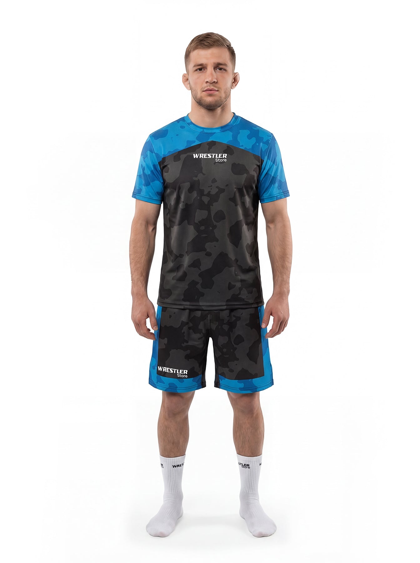 WrestlerStore Camo T‑Shirt & Shorts Set blau/schwarz – Vorderansicht, camo Design, Sport‑ und Trainingsset für Ringer