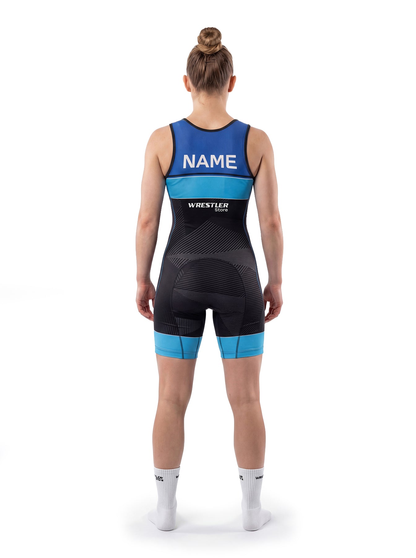 WrestlerStore Impact Damen Ringertrikot blau-schwarz – Rückansicht mit Namensfeld, personalisierbar, modernes Linien-Design