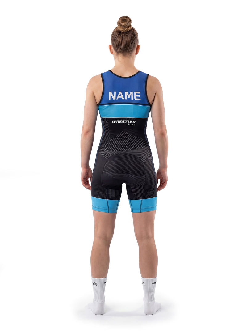 WrestlerStore Impact Damen Ringertrikot blau-schwarz – Rückansicht mit Namensfeld, personalisierbar, modernes Linien-Design