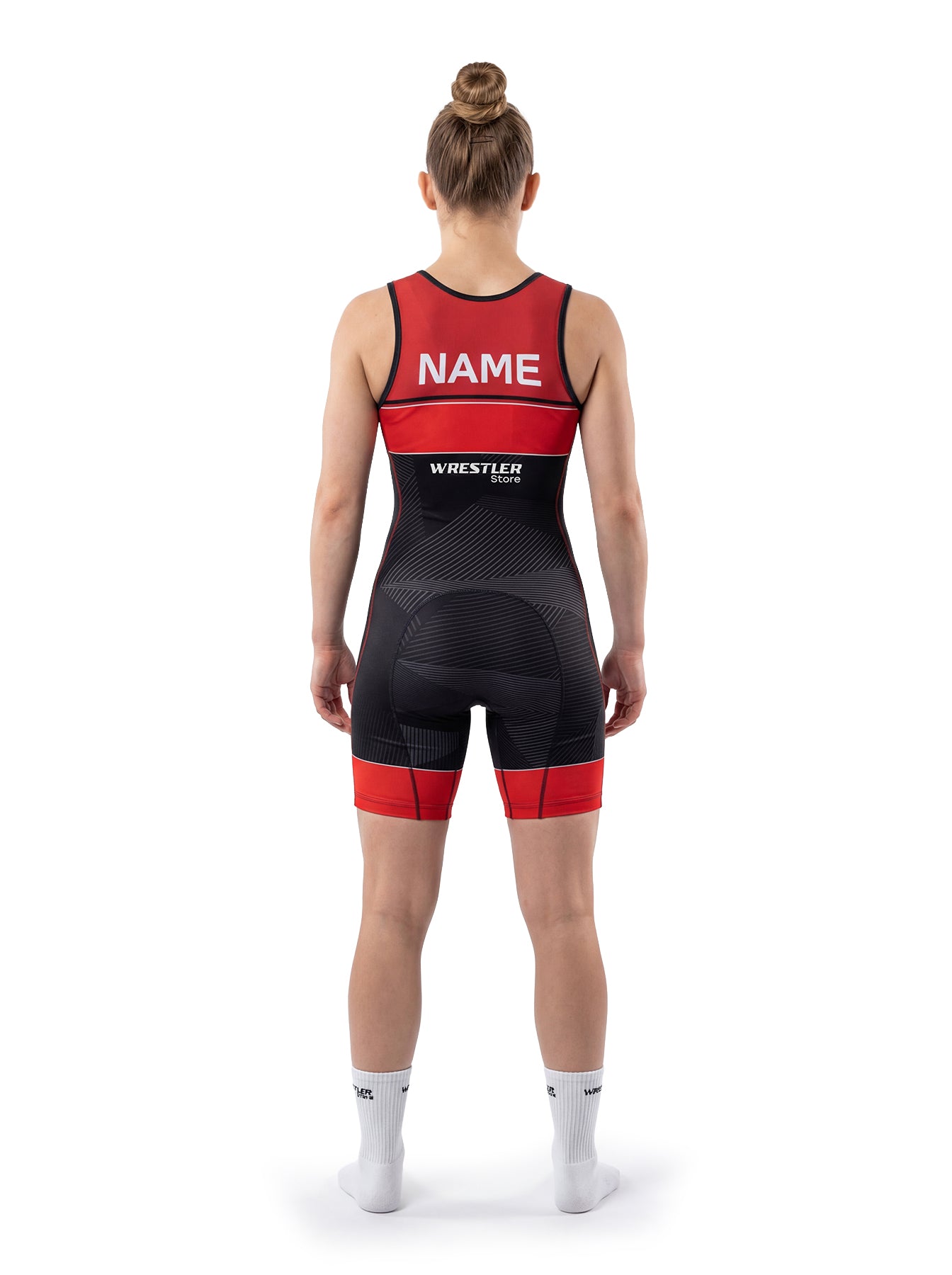 WrestlerStore Impact Damen Ringertrikot rot-schwarz – Rückansicht mit Namensfeld, personalisierbar, modernes Linien-Design