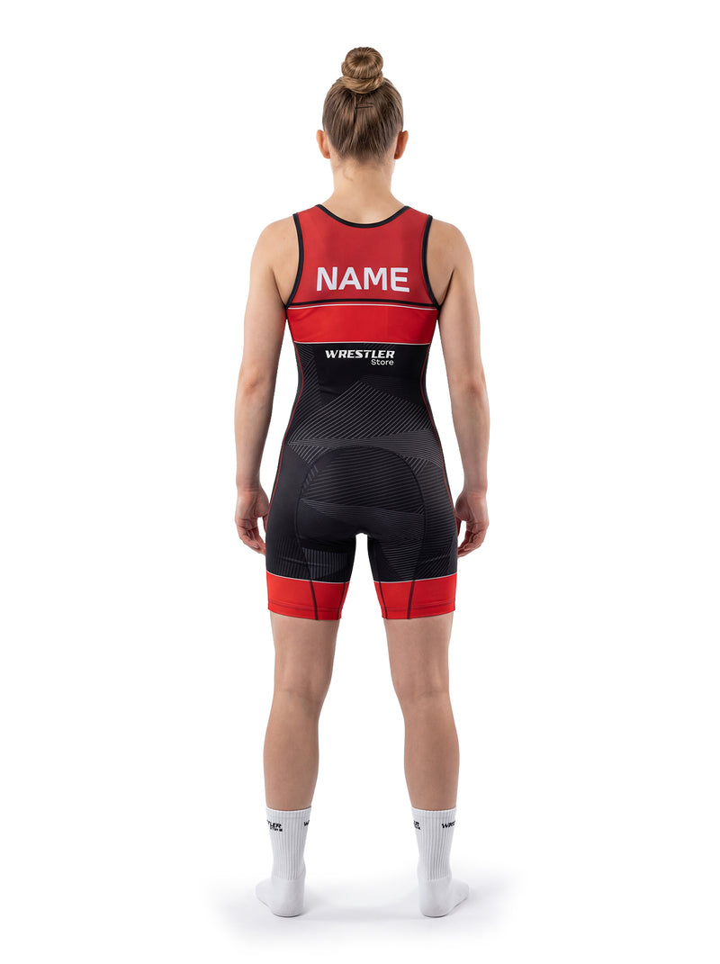 WrestlerStore Impact Damen Ringertrikot rot-schwarz – Rückansicht mit Namensfeld, personalisierbar, modernes Linien-Design
