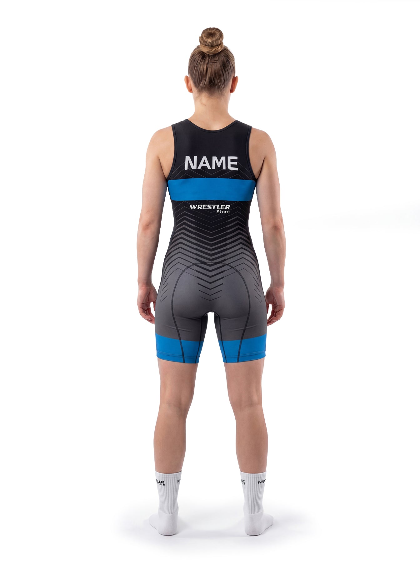 WrestlerStore Phantom Damen Ringertrikot schwarz-grau mit blauem Band – Rückansicht mit Namensfeld, Chevron-Design