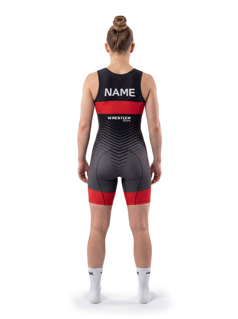 WrestlerStore Phantom Damen Ringertrikot schwarz-grau mit rotem Band – Rückansicht mit Namensfeld, Chevron-Design