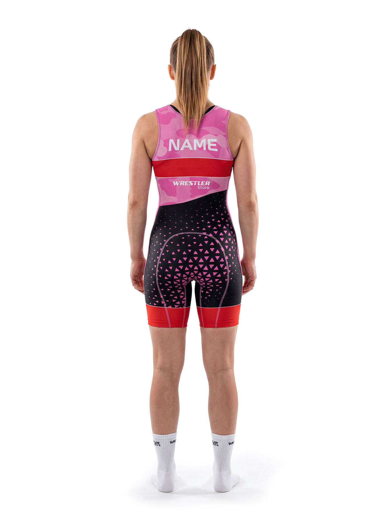 WrestlerStore Pinkshift Damen Ringertrikot pink-camo/schwarz mit rotem Beinabschluss – Rückansicht mit Namensfeld, Triangle-Pattern