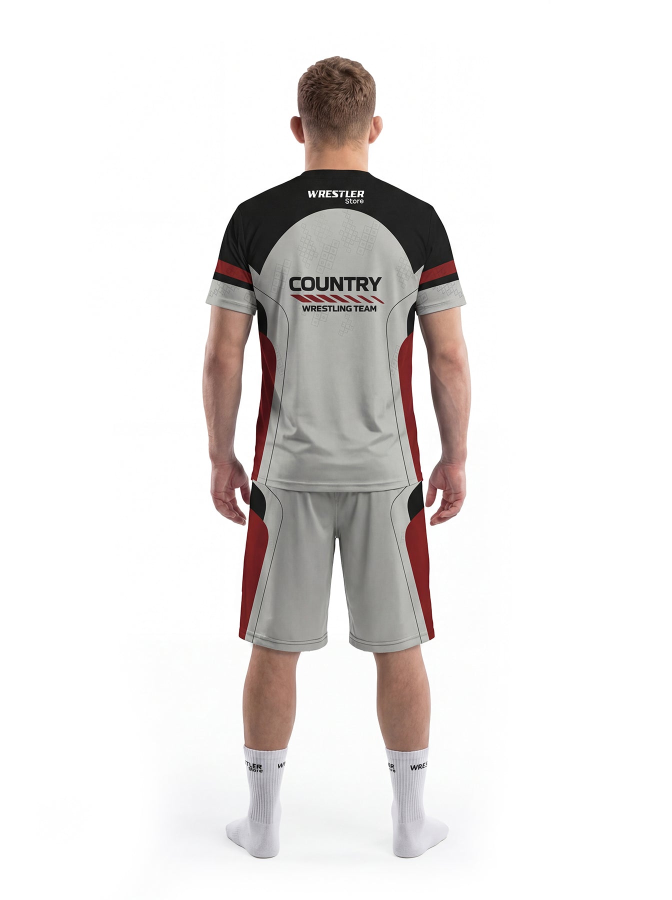 WrestlerStore Rampage T‑Shirt & Shorts Set schwarz/grau – Rückansicht, dynamisches Tech‑Pattern mit Kreis‑Motiven, Trainingsset