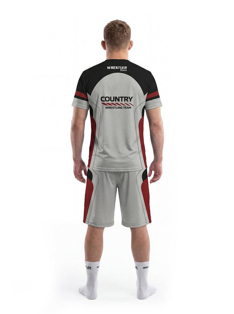 WrestlerStore Rampage T‑Shirt & Shorts Set schwarz/grau – Rückansicht, dynamisches Tech‑Pattern mit Kreis‑Motiven, Trainingsset