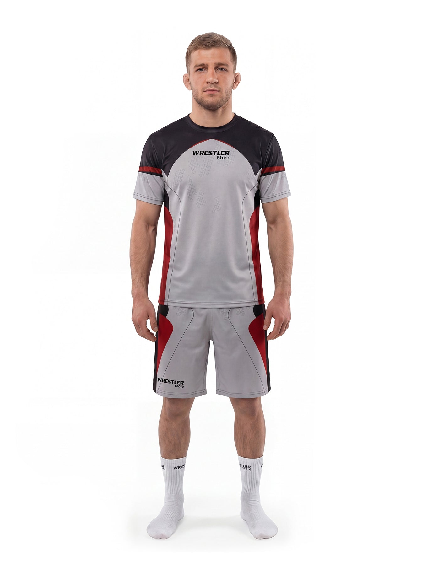 WrestlerStore Rampage T‑Shirt & Shorts Set schwarz/grau – Vorderansicht, dynamisches Tech‑Pattern mit Kreis‑Motiven, Sportset fürs Ringen