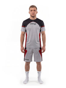 WrestlerStore Rampage T‑Shirt & Shorts Set schwarz/grau – Vorderansicht, dynamisches Tech‑Pattern mit Kreis‑Motiven, Sportset fürs Ringen