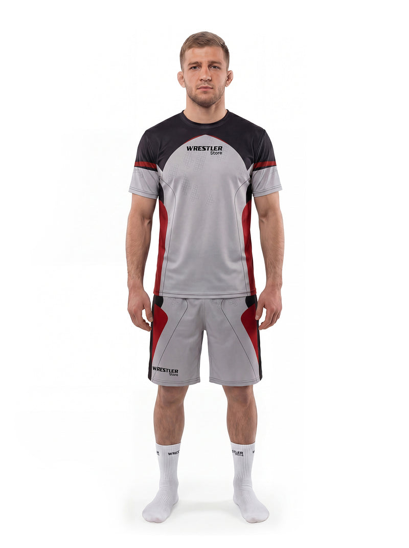 WrestlerStore Rampage T‑Shirt & Shorts Set schwarz/grau – Vorderansicht, dynamisches Tech‑Pattern mit Kreis‑Motiven, Sportset fürs Ringen