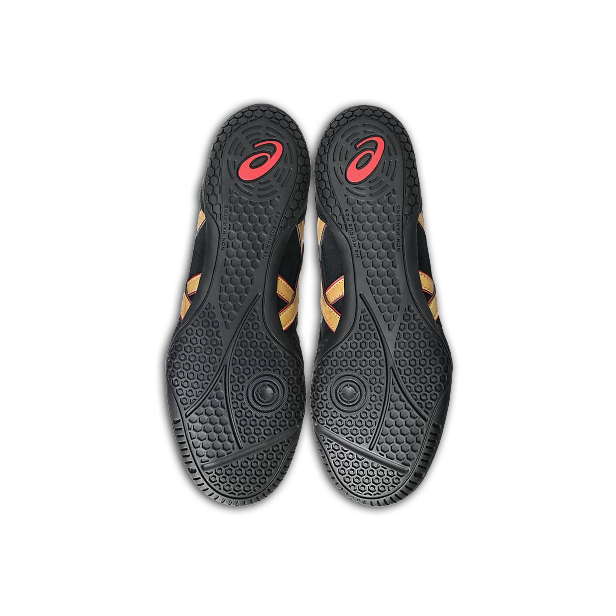 Sohlenansicht der ASICS Dan Gable EVO 3 Ringerschuhe mit schwarzem Profil und roten ASICS-Logos für wrestling-spezifische Traktion.