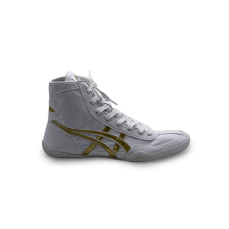 ASICS EX-EO Ringerschuhe Weiß Gold – Außenansicht mit ikonischem Asics-Logo