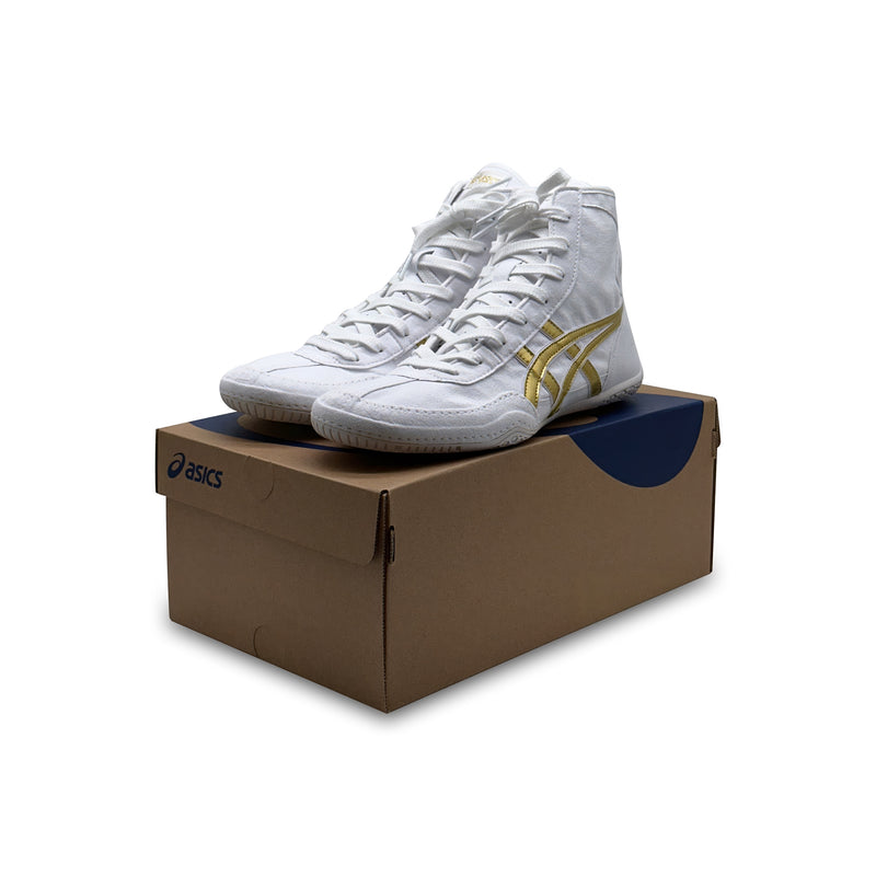 ASICS EX-EO Ringerschuhe Weiß Gold auf Originalverpackung – hochwertige Ringerschuhe aus Japan