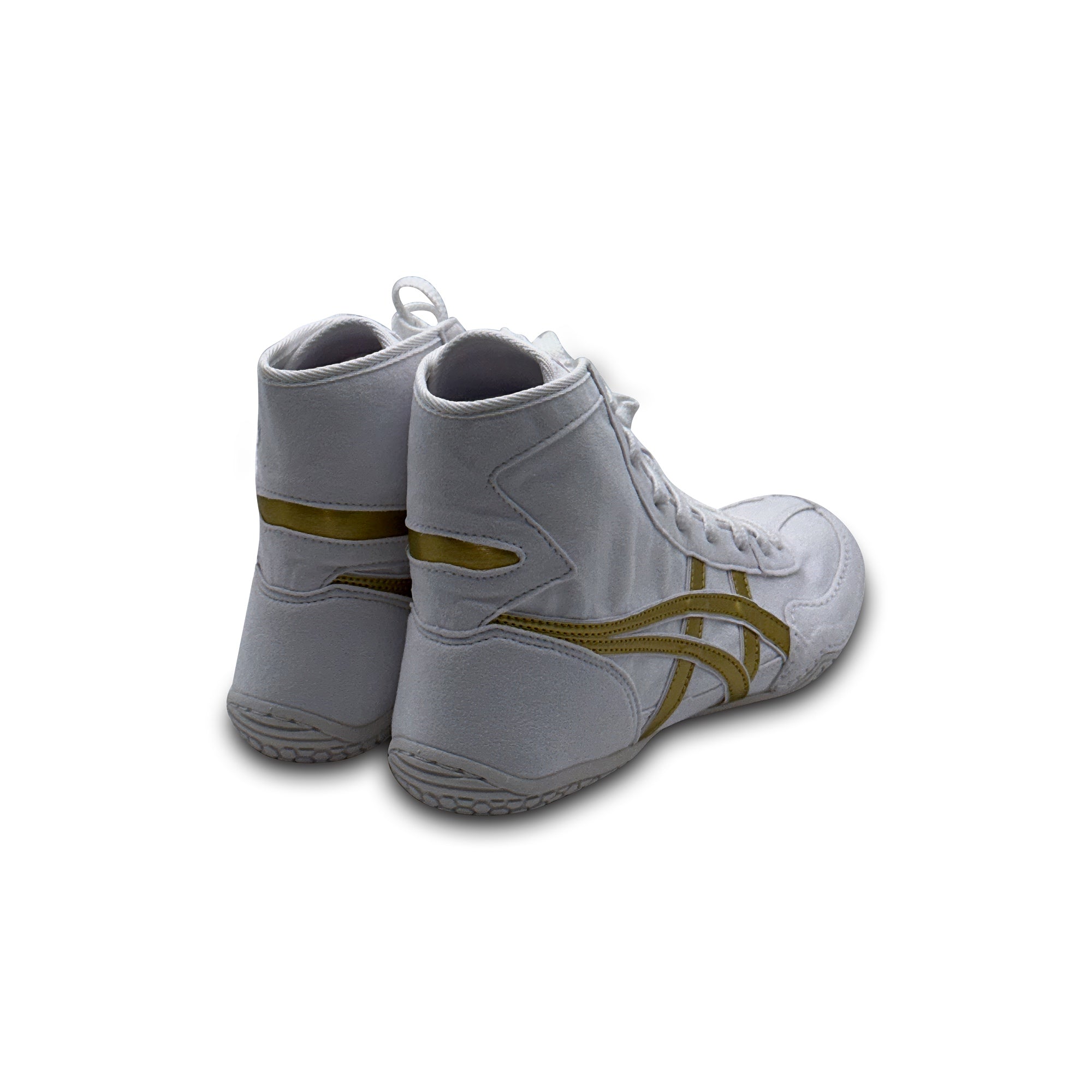 ASICS EX-EO Ringerschuhe Weiß Gold – Rückansicht mit goldenen Streifen und hohem Schaft