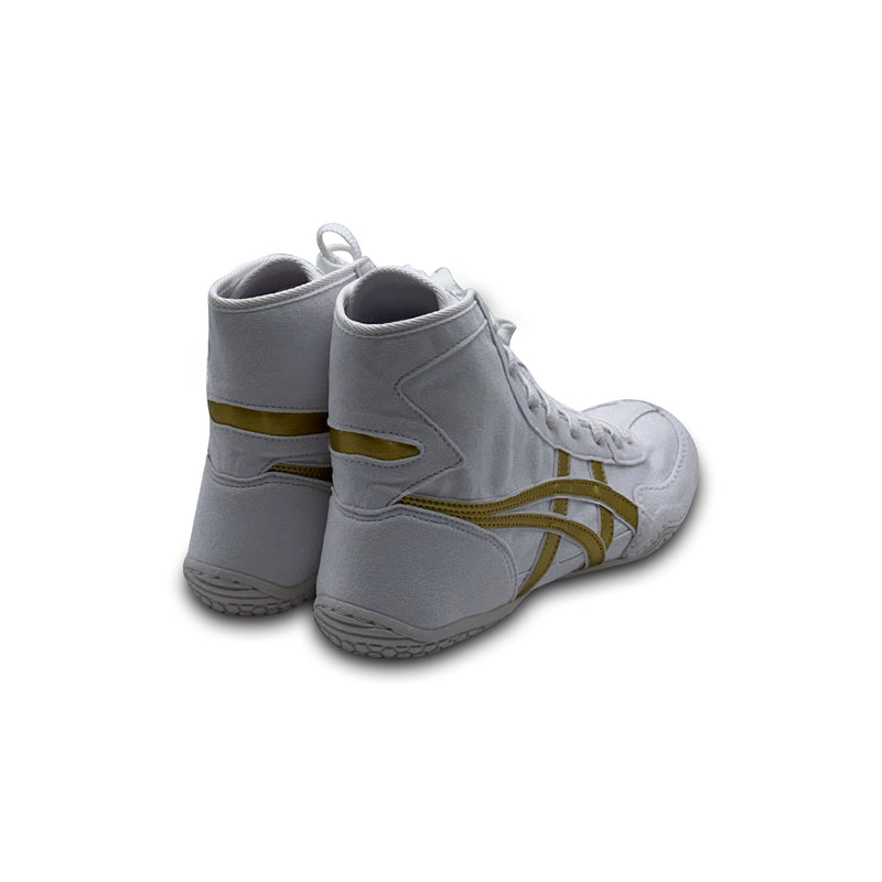 ASICS EX-EO Ringerschuhe Weiß Gold – Rückansicht mit goldenen Streifen und hohem Schaft