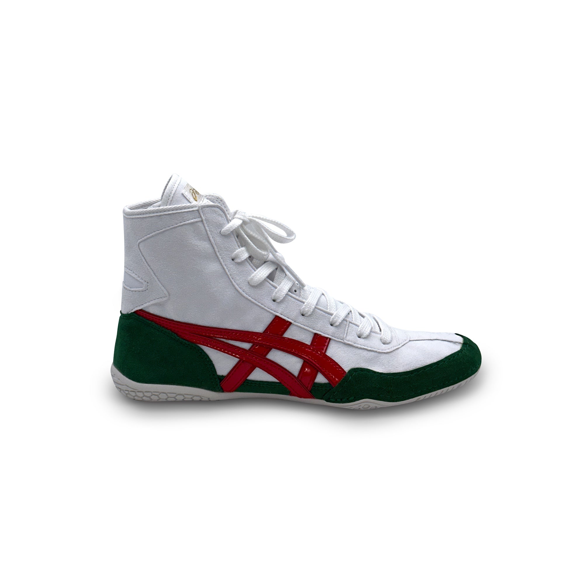 Asics EX-EO Ringerschuhe Weiß Grün Rot – Außenansicht, hochwertige Wrestling-Schuhe aus Japan