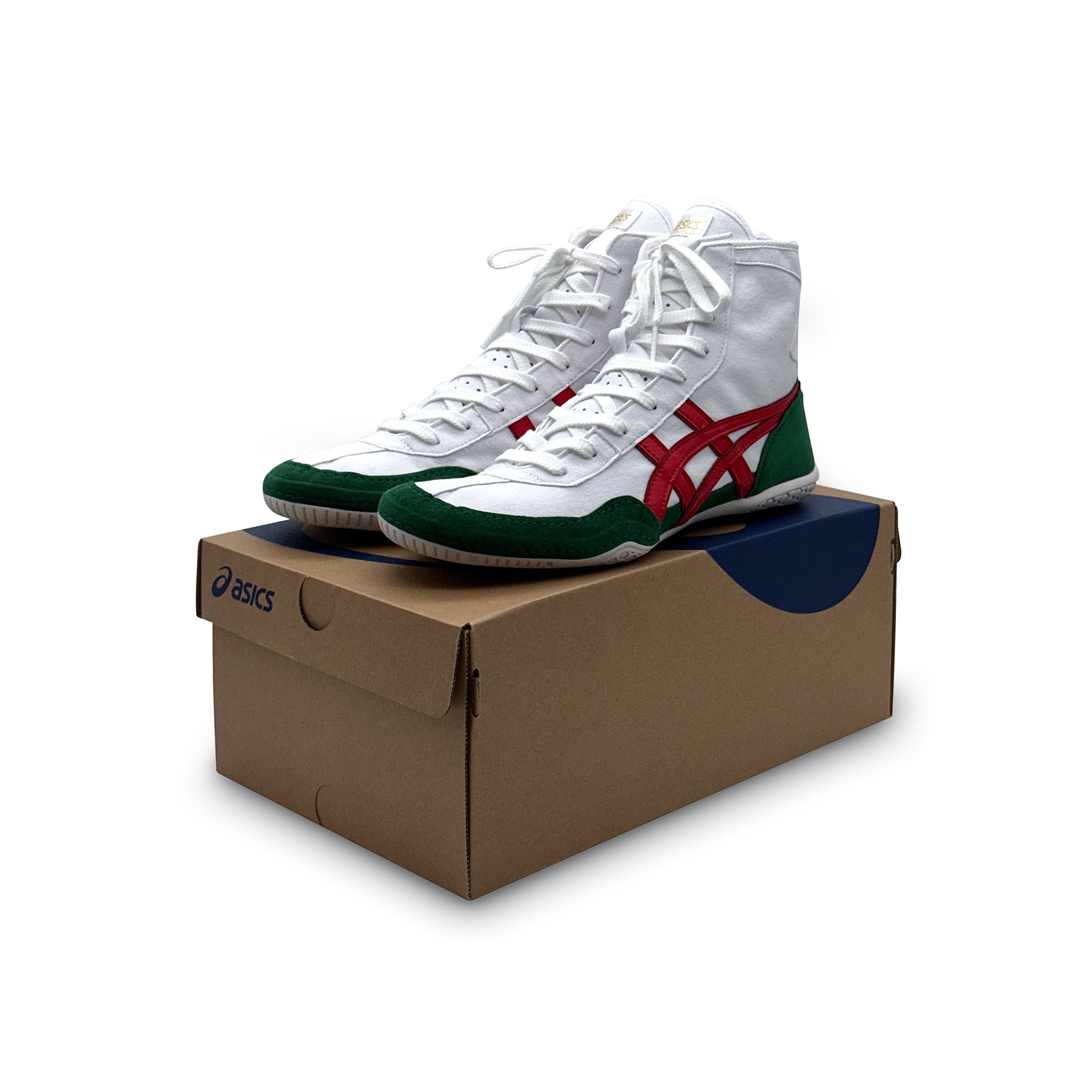 Asics EX-EO Ringerschuhe in Weiß Grün Rot auf Original-Asics Box – Wrestling-Schuhe kaufen bei WrestlerStore