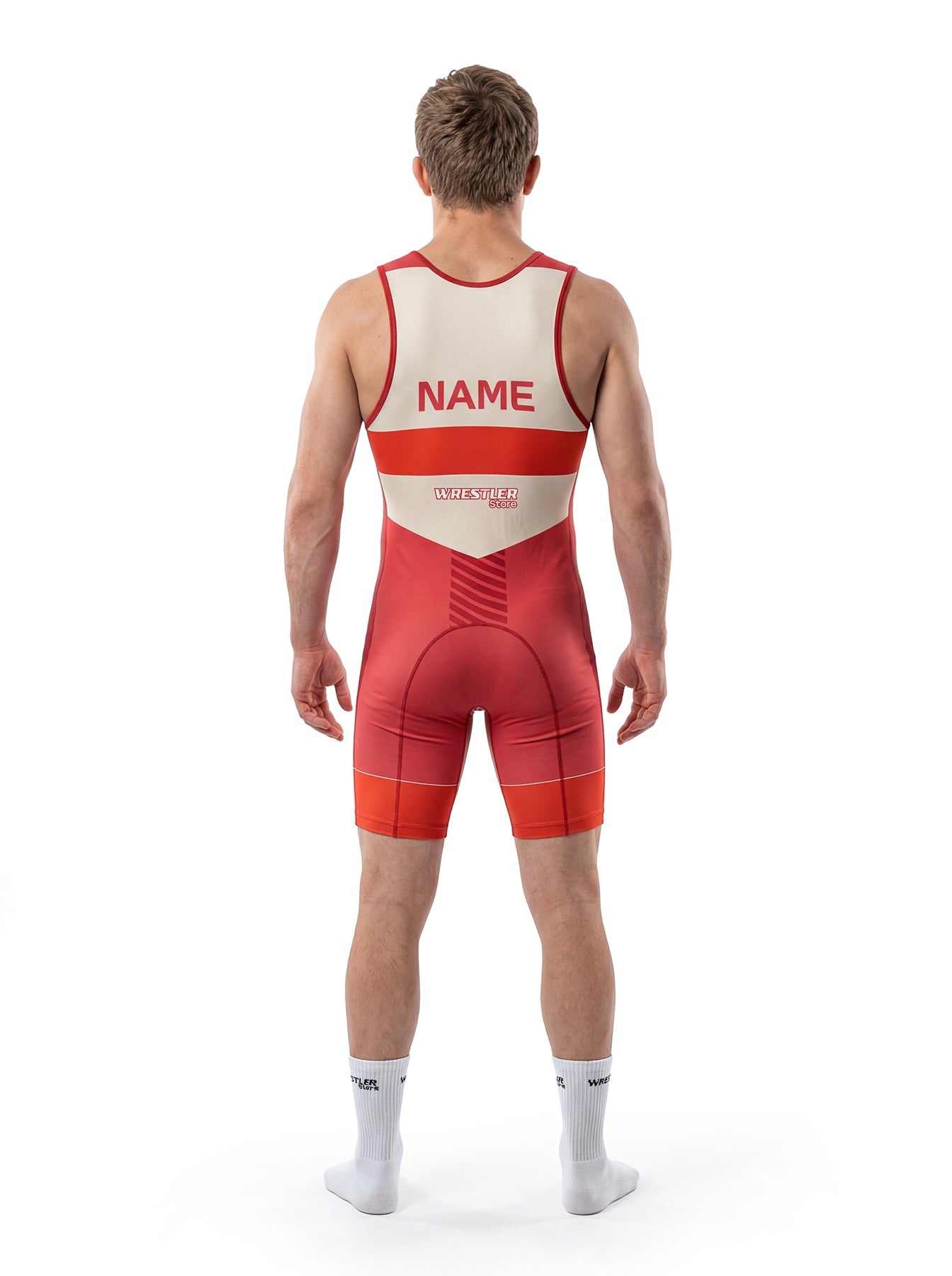 WrestlerStore Desert Herren Ringertrikot beige-rot mit orangenem Beinabschluss – Rückansicht mit Namensfeld, personalisierbar, zweifarbiges Z-Design
