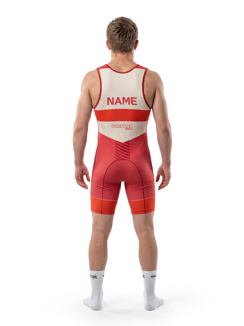 WrestlerStore Desert Herren Ringertrikot beige-rot mit orangenem Beinabschluss – Rückansicht mit Namensfeld, personalisierbar, zweifarbiges Z-Design